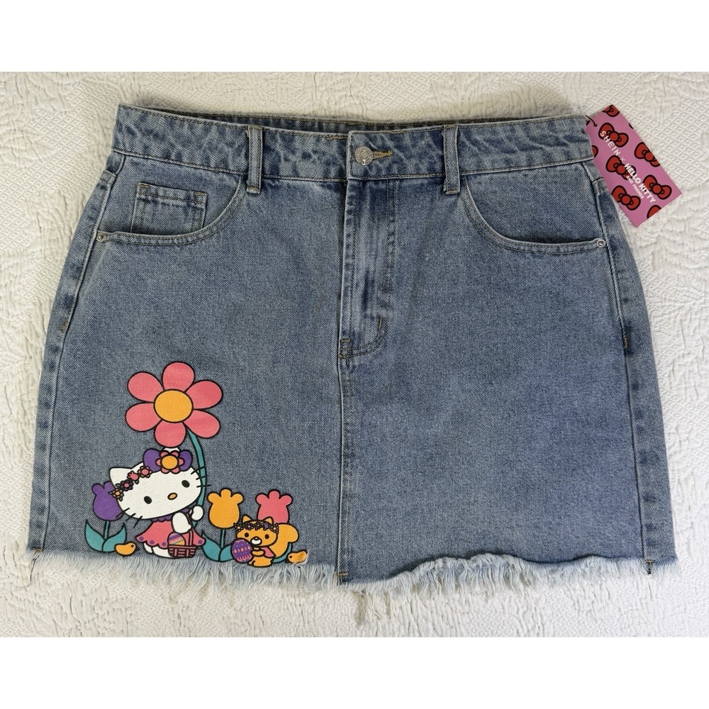 SHEIN x Hello Kitty Jeans Womens‎ Large Denim Raw Hem Skirt Large NWT Easter